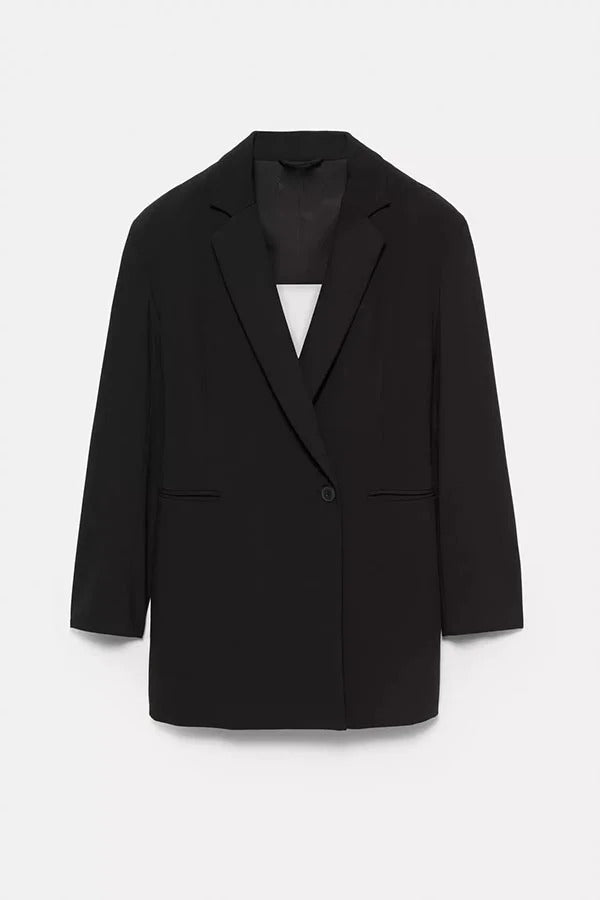 Yulissa Single Button Long Sleeve Fitted Waist Open Back Pocketed Lapel Blazer