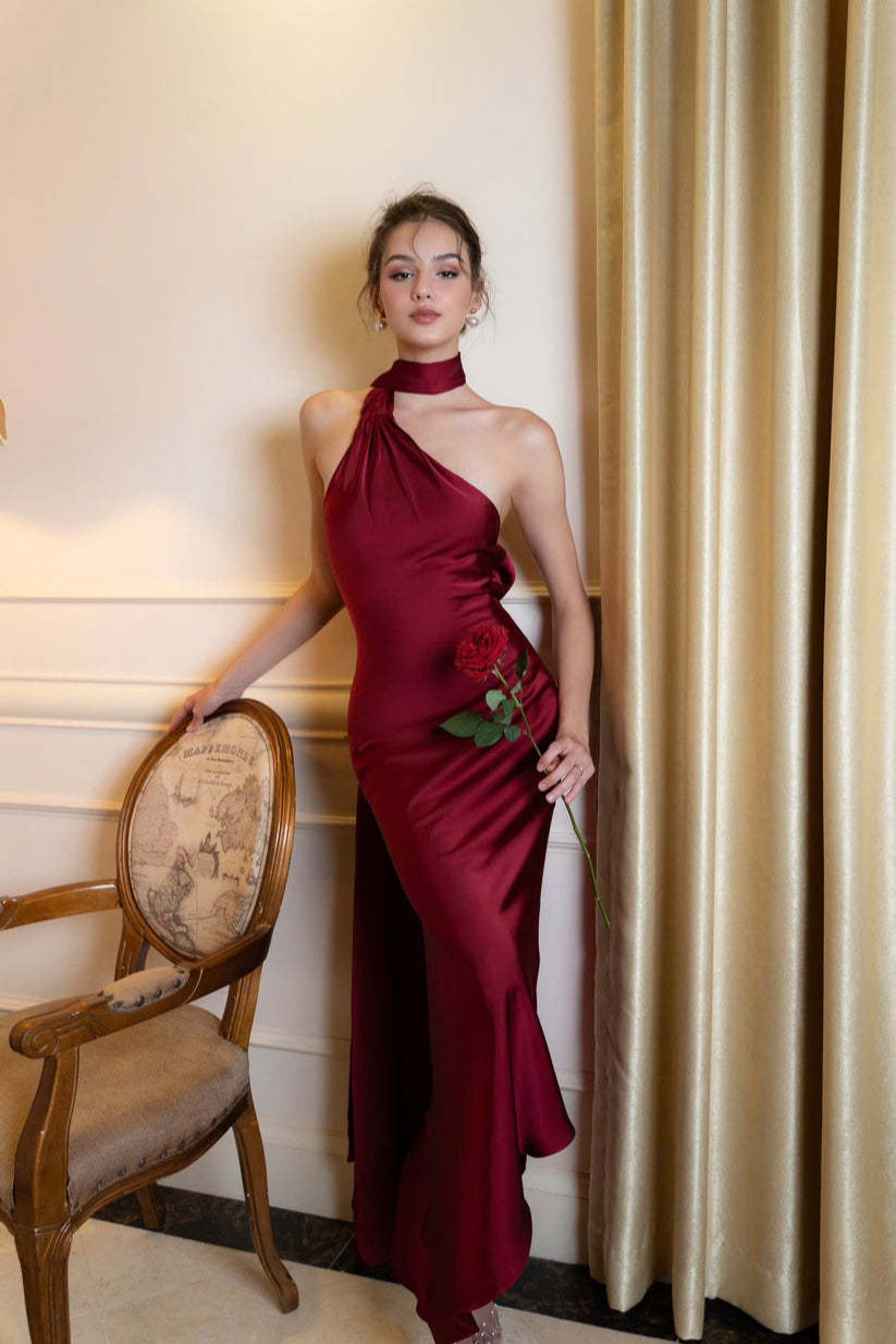 Satin Halter Low-Back Party Dress