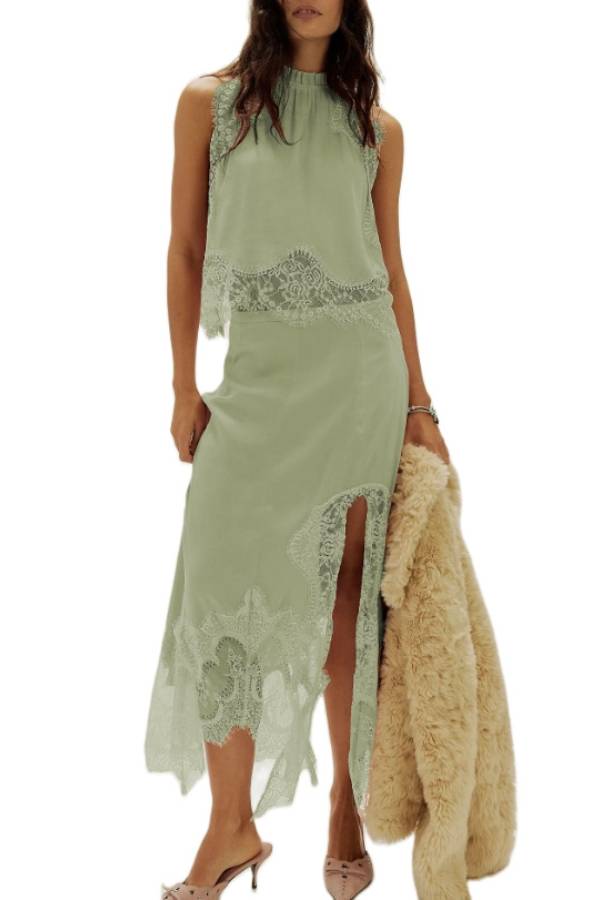 High Neck Sleeveless Lace Trim Satin Top & Slit Irregular Lace Midi Skirt Two Piece Set