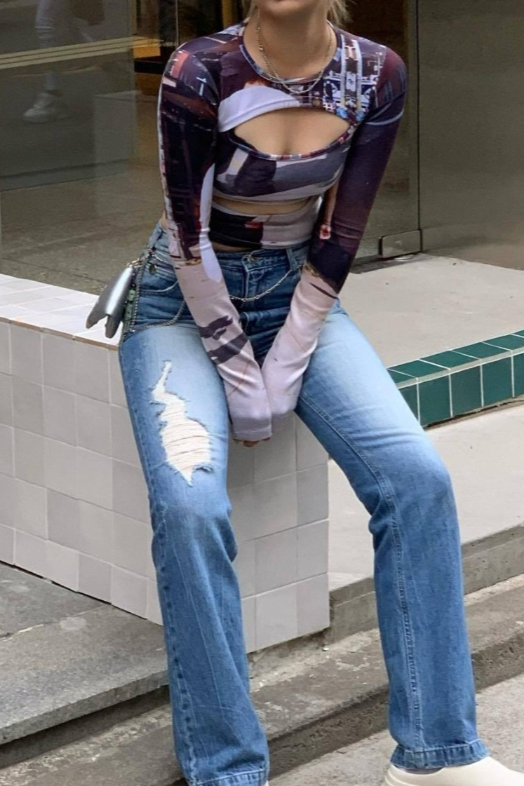 Y2K Cutout Slim Asymmetric Print Long Sleeve Crop Top