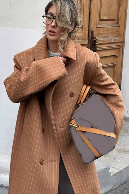 Vintage Pinstripe Notch Collar Long Wool Overcoat