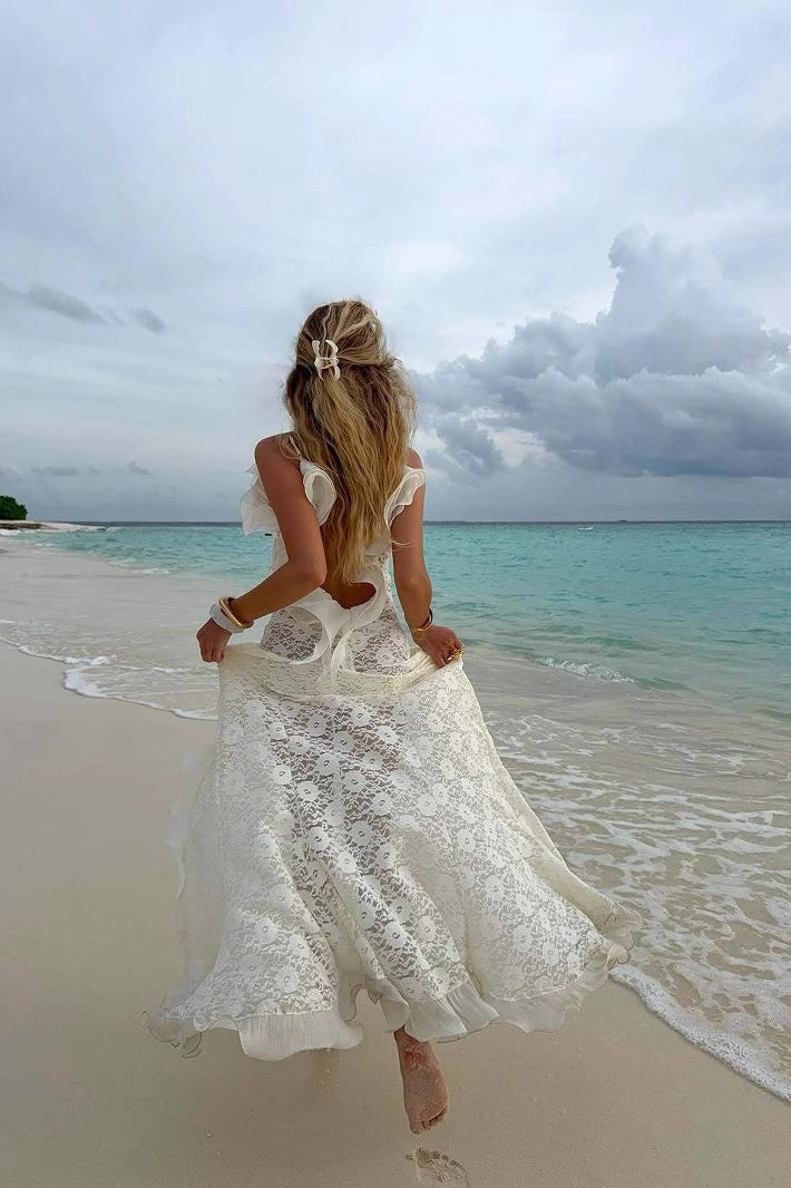 Lace Split V Neck Backless Ruffled Boho Dress