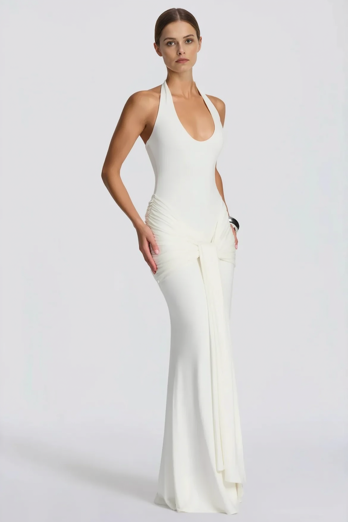 U Neck Halter Sash Panel Bodycon Party Dress