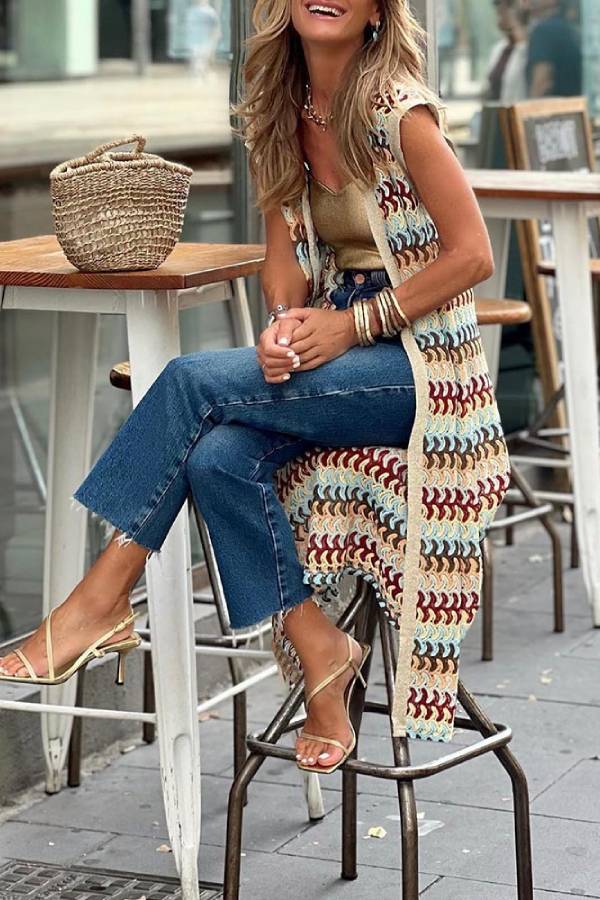Colorful Striped Knitted Sleeveless Long Cardigan