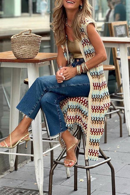 Colorful Striped Knitted Sleeveless Long Cardigan