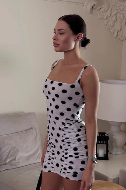 Polka Dot Square Neck Spaghetti Strap Side Ruched Bodycon Mini Dress
