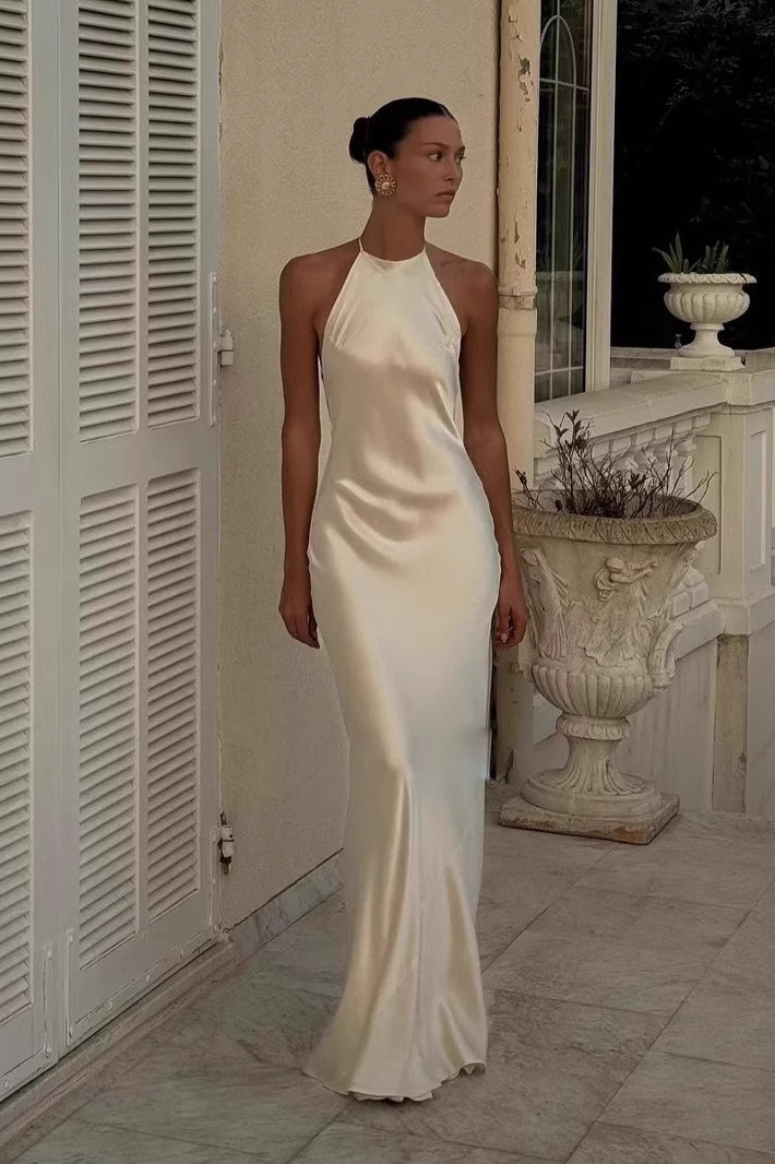 Satin Halter Neck Bias Cut Backless Slip Formal Maxi Dress