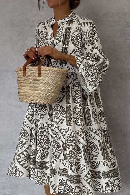 Block Print Mandarin Collar Bell Sleeve Tiered Babydoll Mini Dress