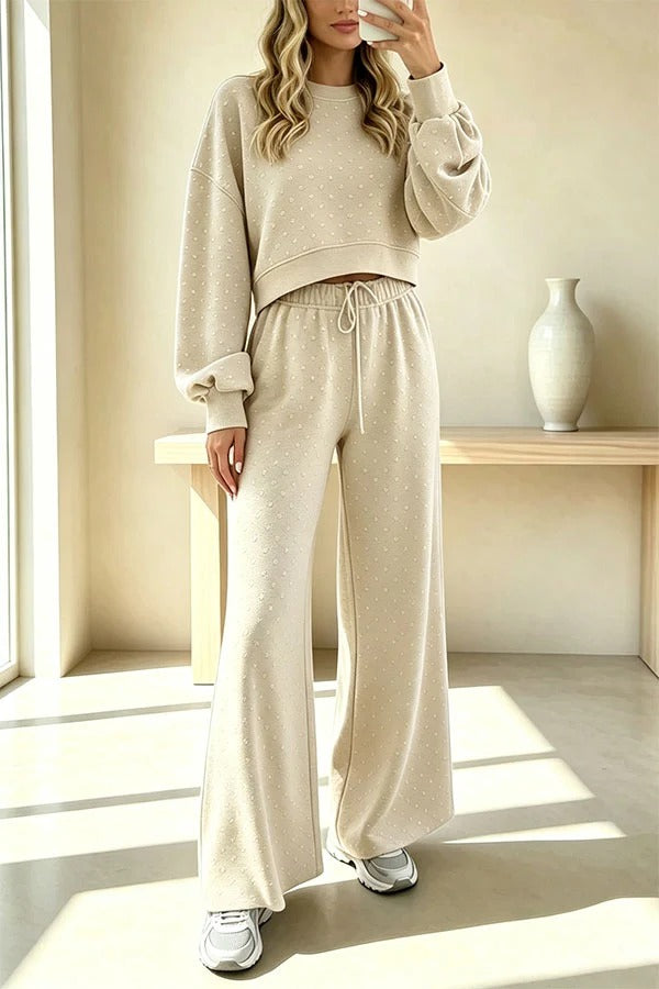 Relaxed and Casual Polka Dot Print Long Sleeve Sweatshirt and Drawstring Elastic Waist Pants Set