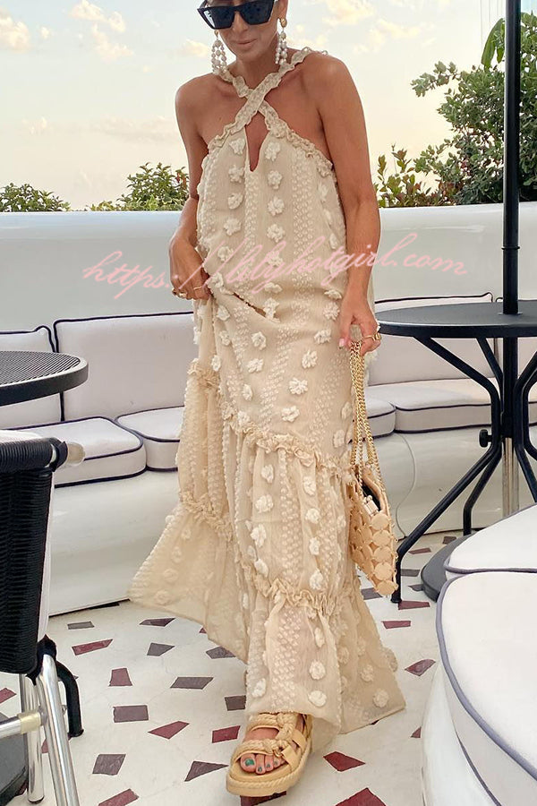 3D Floral Applique Halter Keyhole Tiered Maxi Dress