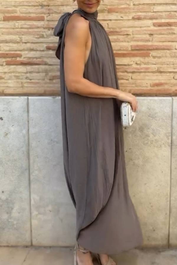 Halter Neck Pleated Loose-fitting Vacation Maxi Dress