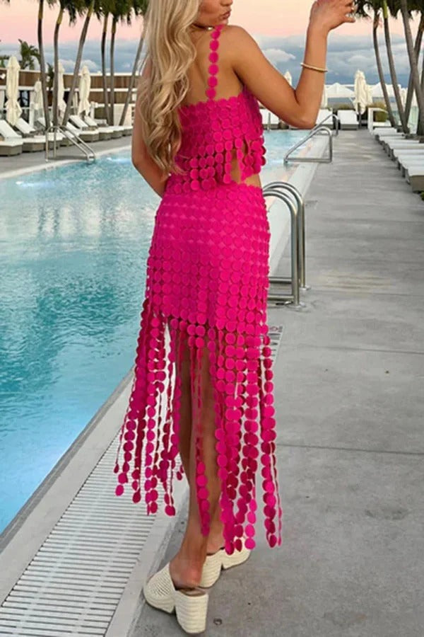 Caitlin See Through Circle Embroidery Elastic Waist Tassle Hem Maxi Skirt