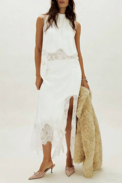 High Neck Sleeveless Lace Trim Satin Top & Slit Irregular Lace Midi Skirt Two Piece Set