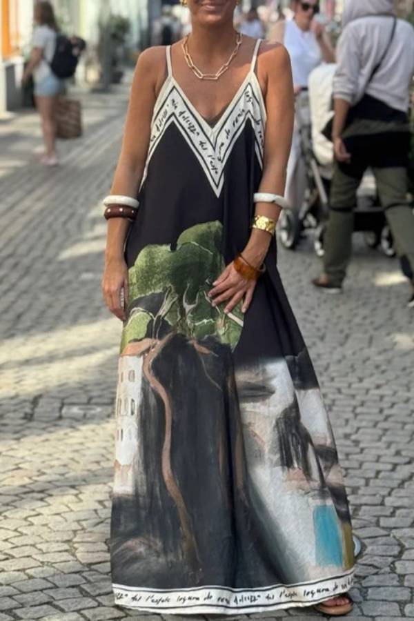 Artistic Oil Painting Print V-Neck Slip Maxi Dress
