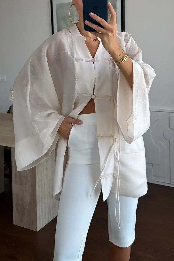 Jessenia Sheer Chinese-style Button Detail Long Sleeve Relaxed Blouse