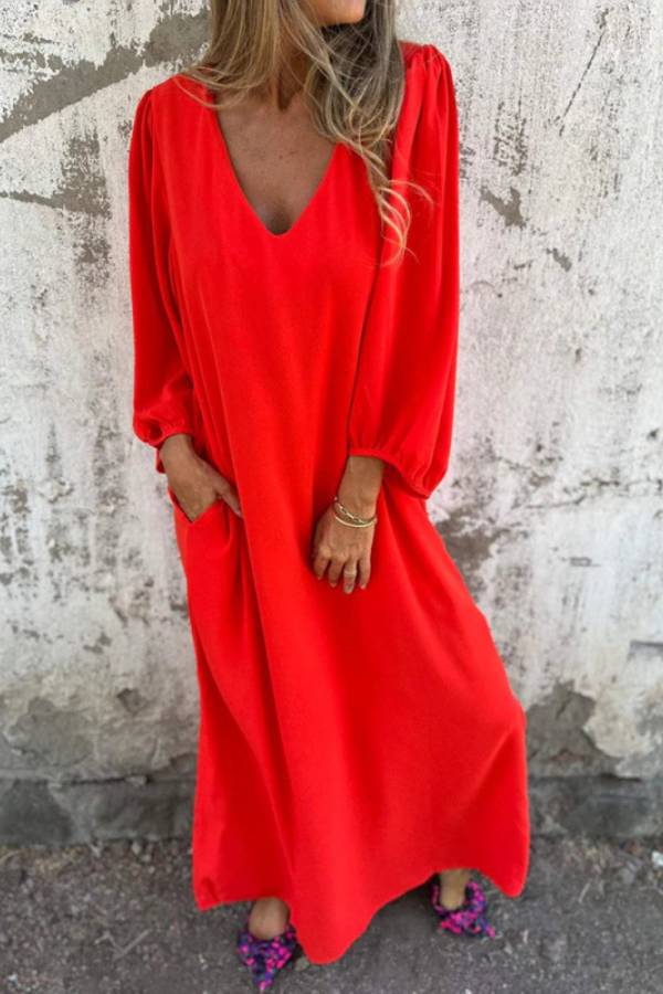 Solid V Neck Balloon Sleeve Loose Maxi Vacation Dress With Pockets