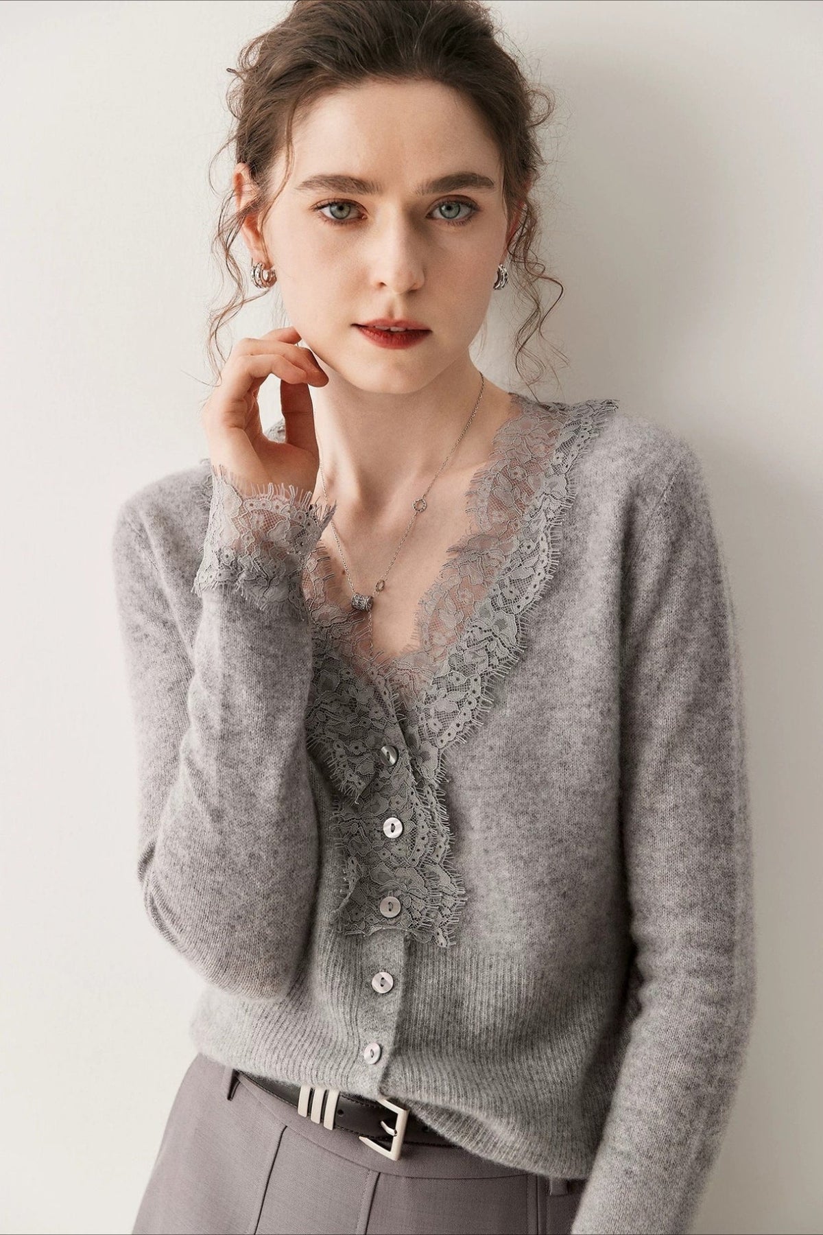 Lace Trim V Neck Cashmere Cardigan