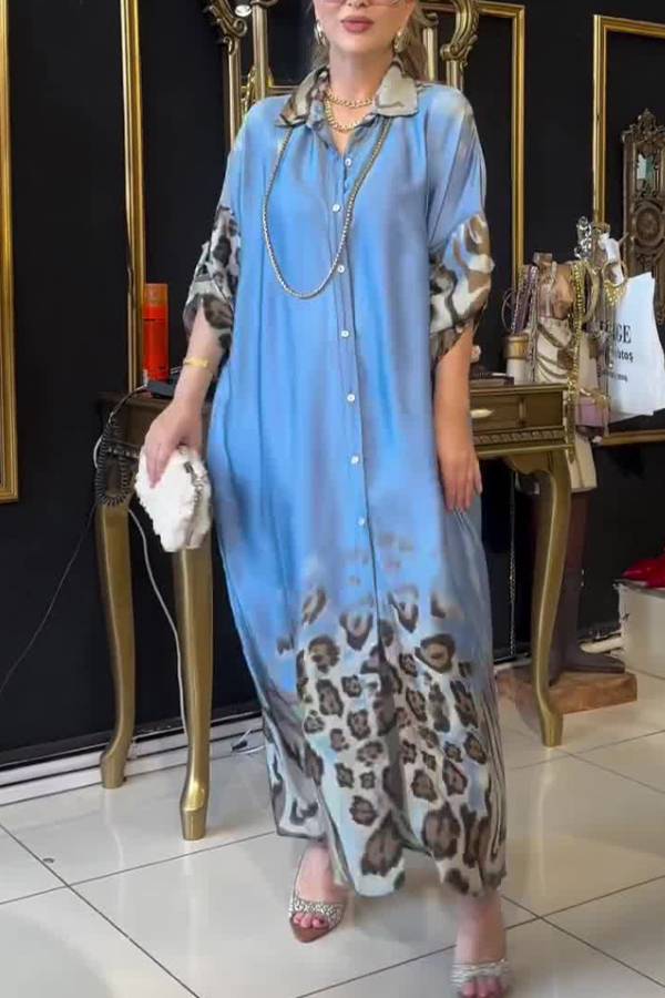 Spliced Leopard Print Shiny Satin Long Shirt Dress