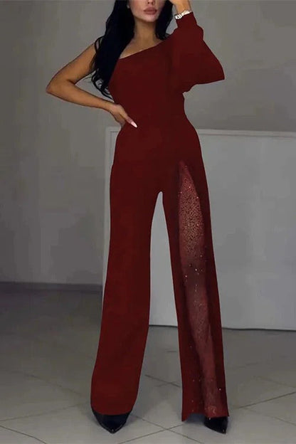 Stylish One Shoulder Slit Long Sleeve Mesh Splice Wide Leg Jumpsuit
