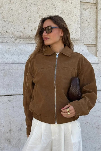 Suede Zip Up Bomber Jacket