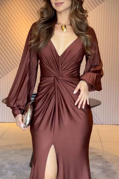 Satin Deep V Bubble Sleeve Slit Mermaid Evening Gown