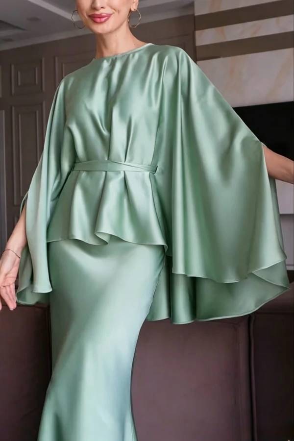 Coralien Satin Tie-up Waist Cape Top and High Rise Drape Flare Maxi Skirt Set