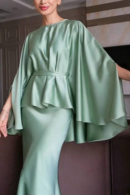 Coralien Satin Tie-up Waist Cape Top and High Rise Drape Flare Maxi Skirt Set