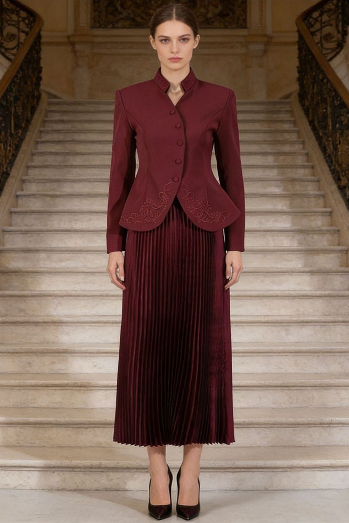 Elegant Two Piece Blazer Pleated Skirt Set