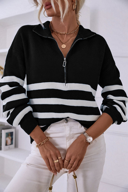 V Neck Collar Ribbed Knitted Stripe Pullover Sweater