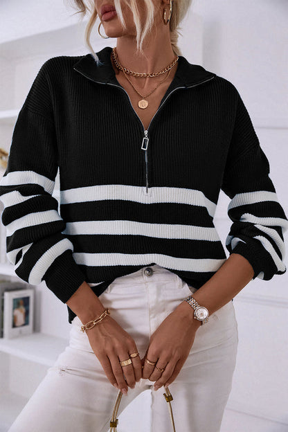 V Neck Collar Ribbed Knitted Stripe Pullover Sweater