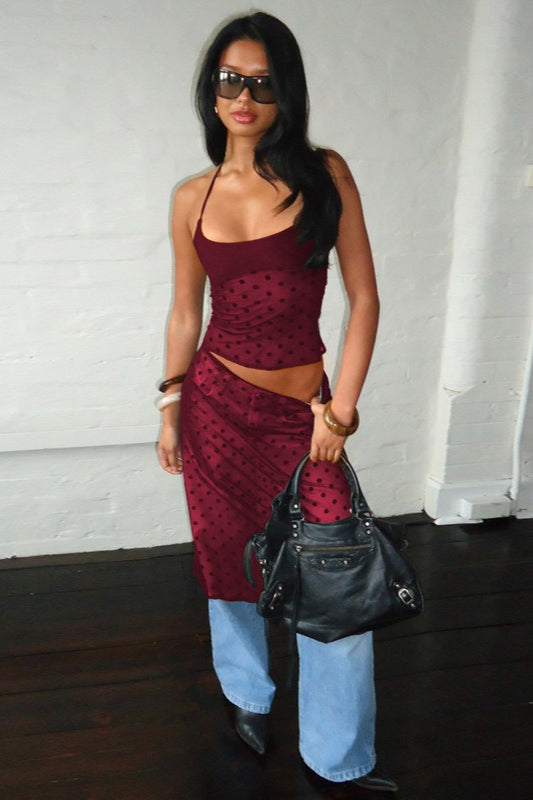 Polka Dot Mesh Halter Sheer Midi Skirt Set