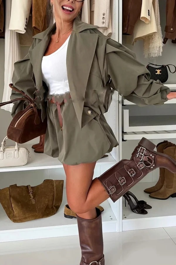 Fashion Style Button Long Balloon Sleeve Pocket Lapel Casual Bomber Jacket