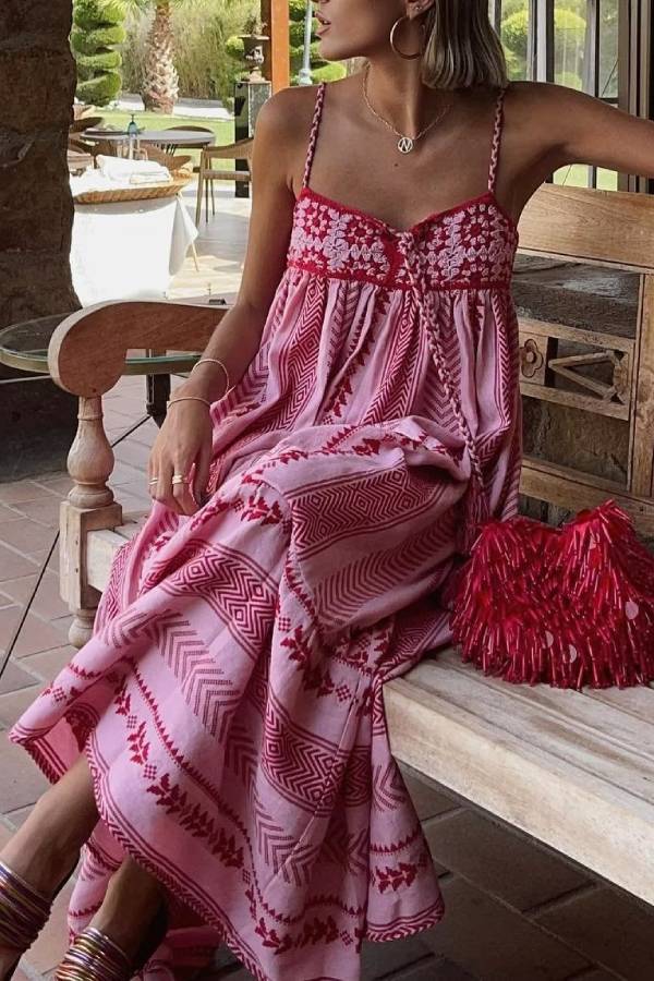 Bohemian Geometric Embroidered Cami Maxi Dress