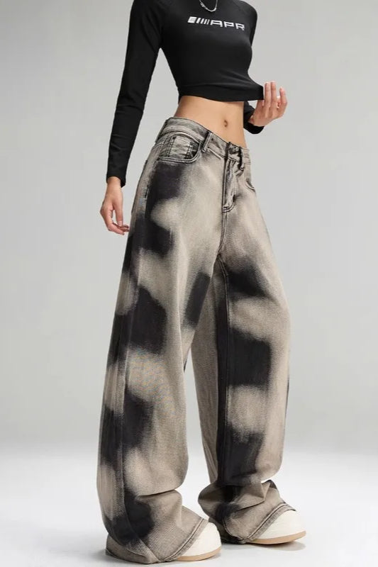 Vintage Grey Tie Dye Wide Leg Jeans