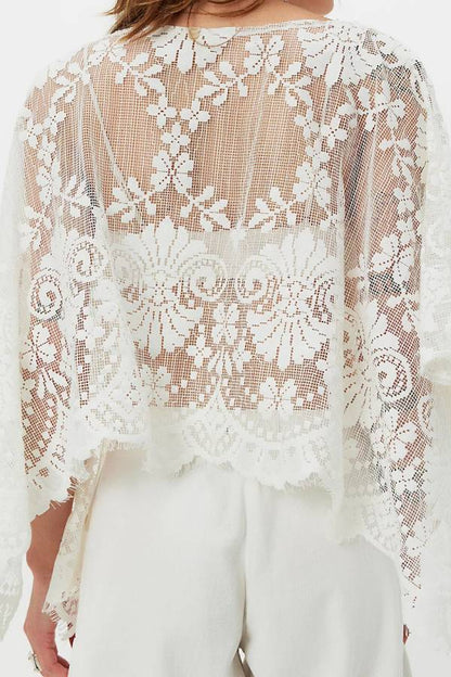 Boho Floral Cutout Lace Cape Cover Up Top