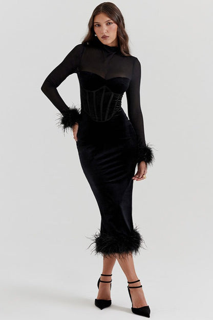 Textured Velvet Fuzzy Accent Cocktail Dress