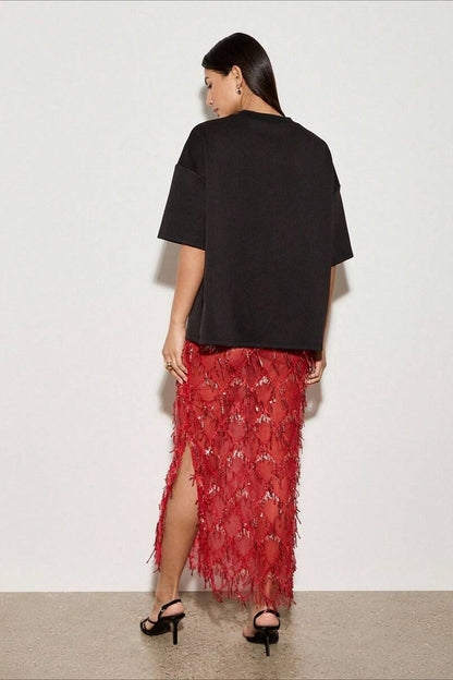 Sequin Fringe Slit Midi Party Skirt