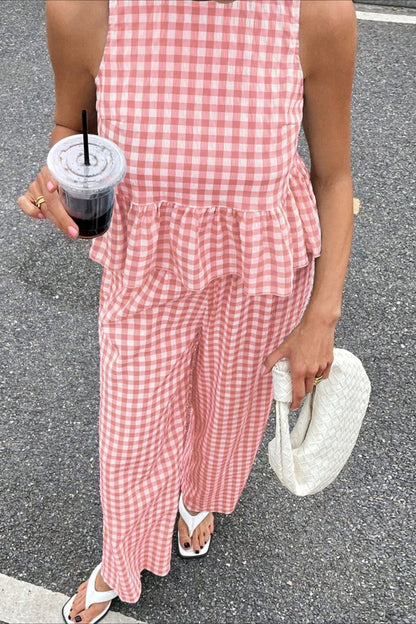 Plaid Ruffle Hem Round Neck Sleeveless Pants Set