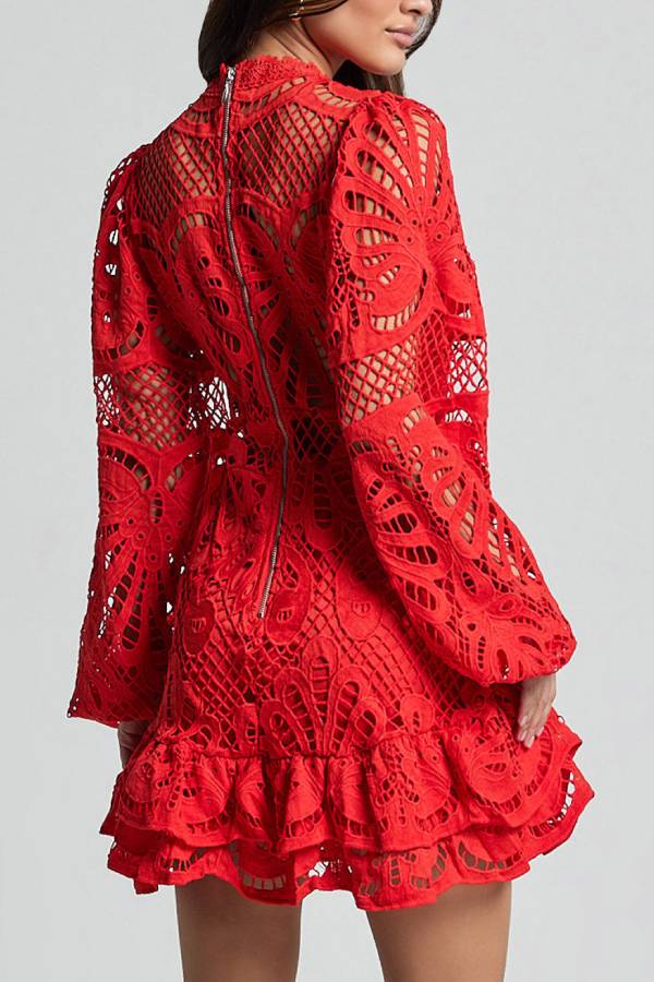 Multi-Color Cutout Lace Puff Sleeve Ruffle Hem Mini Dress