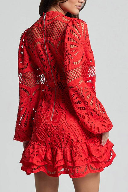 Multi-Color Cutout Lace Puff Sleeve Ruffle Hem Mini Dress