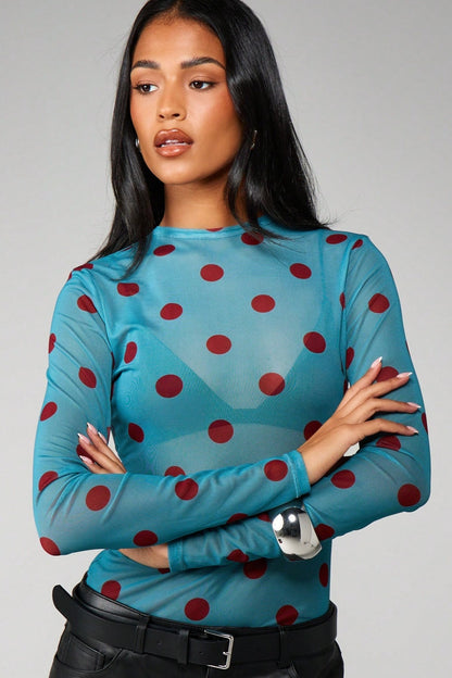 Polka Dot Sheer Mesh Long Sleeve Tee