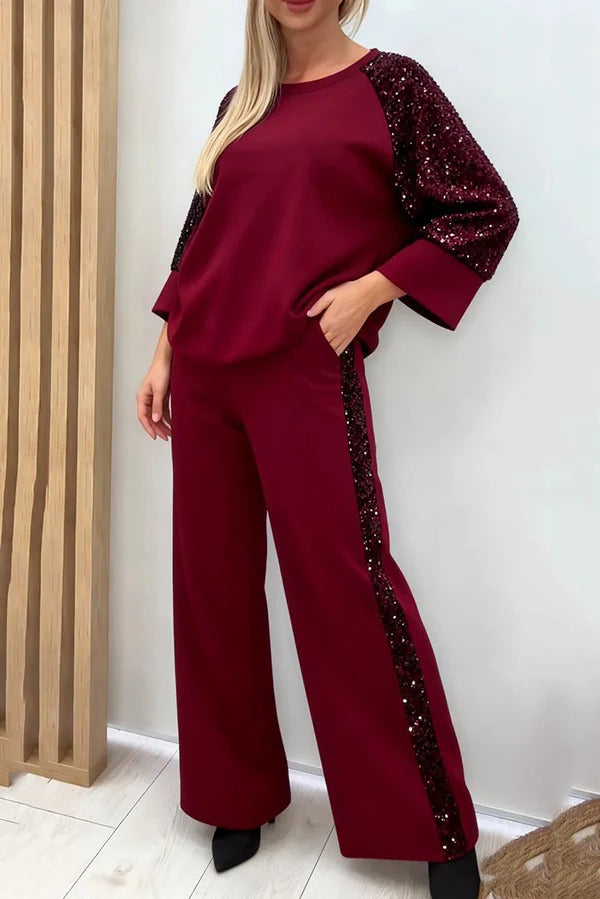 Stylish Sequined Loose-fitting Crew Neck Top and Casual Pocket Wide-leg Pants Set