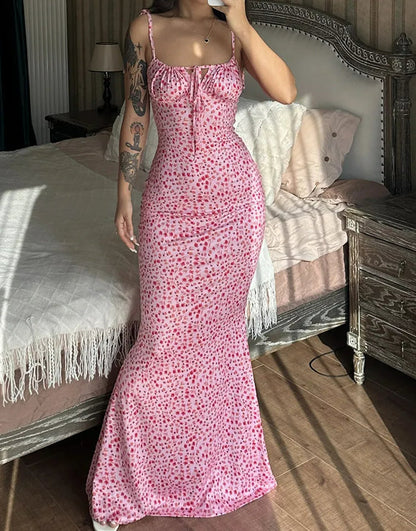 Floral Print Spaghetti Strap Sweetheart Lace Up Backless Maxi Dress