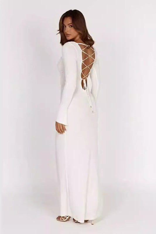 Knit Backless Tie Waist Long Sleeve Bodycon Dress
