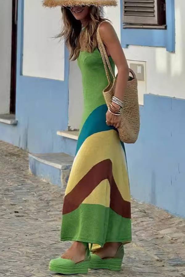 Knit Cami Color-Blocked Wave Panel Maxi Dress