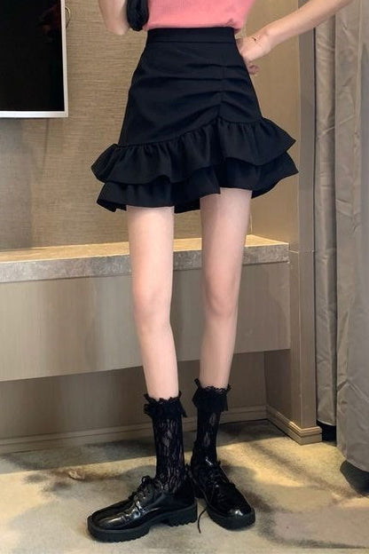 High Waist Pink Flounce Hem Asymmetrical Skirt