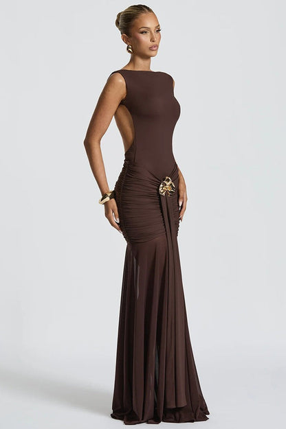 Solid Sleeveless Backless Ruched Waist Slit Formal Dress