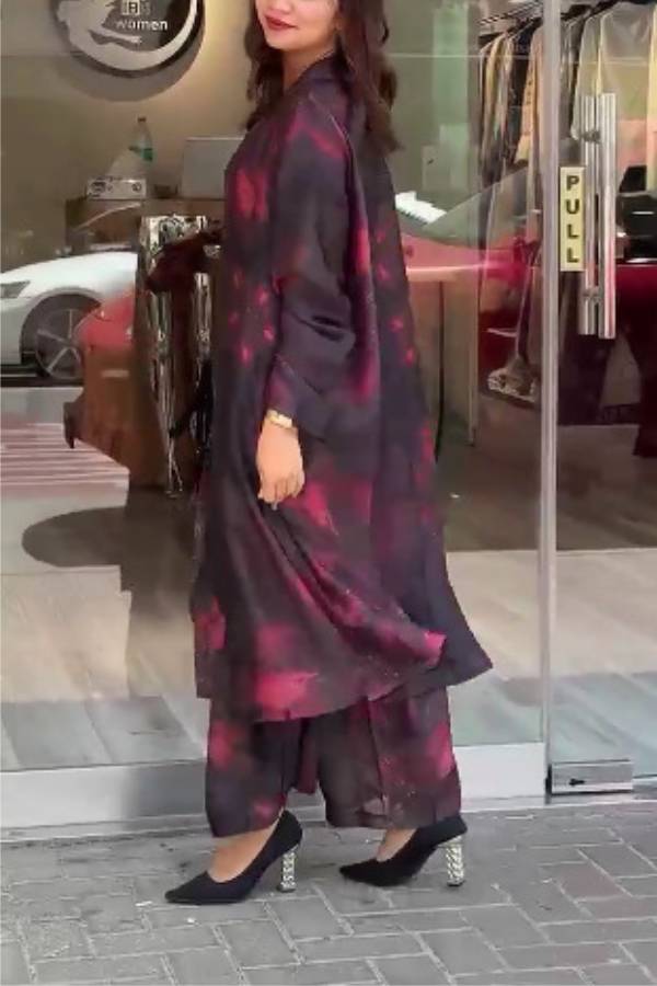 Satin Printed Long Shirt & Wide Leg Pants 2 Piece Southeast Asian Co-ord Set