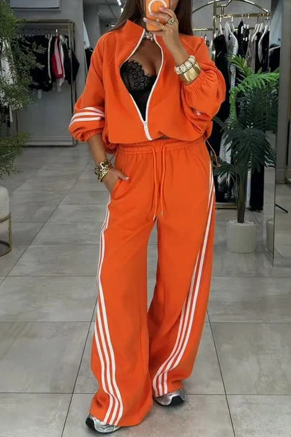 Fashionable Sporty Stripes Long Sleeve Zipper Drawstring Jacket and Elastic Waist Pocket Pants Set