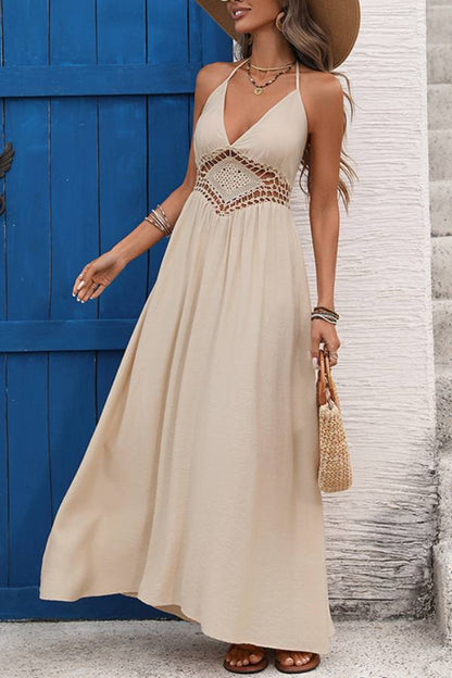 Halter V-Neck Crochet Waist Backless Tie Maxi Vacation Dress